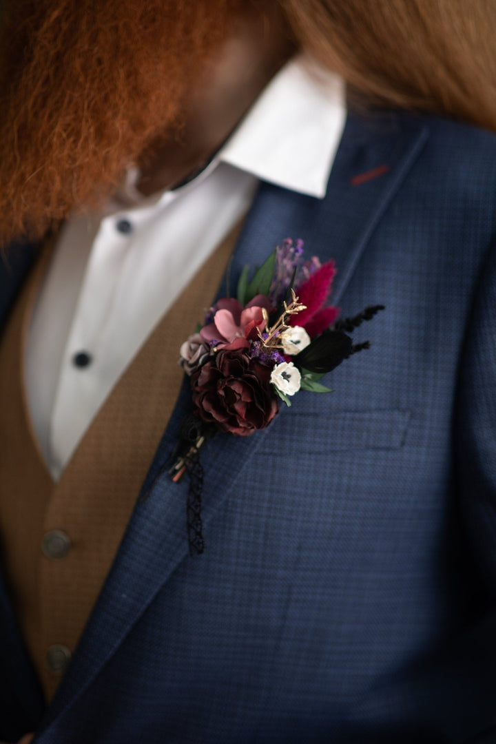 Burgundy Flower Boutonniere: Dark Gothic Wedding Groom Accessory – handmade floral hair accessory by magaela