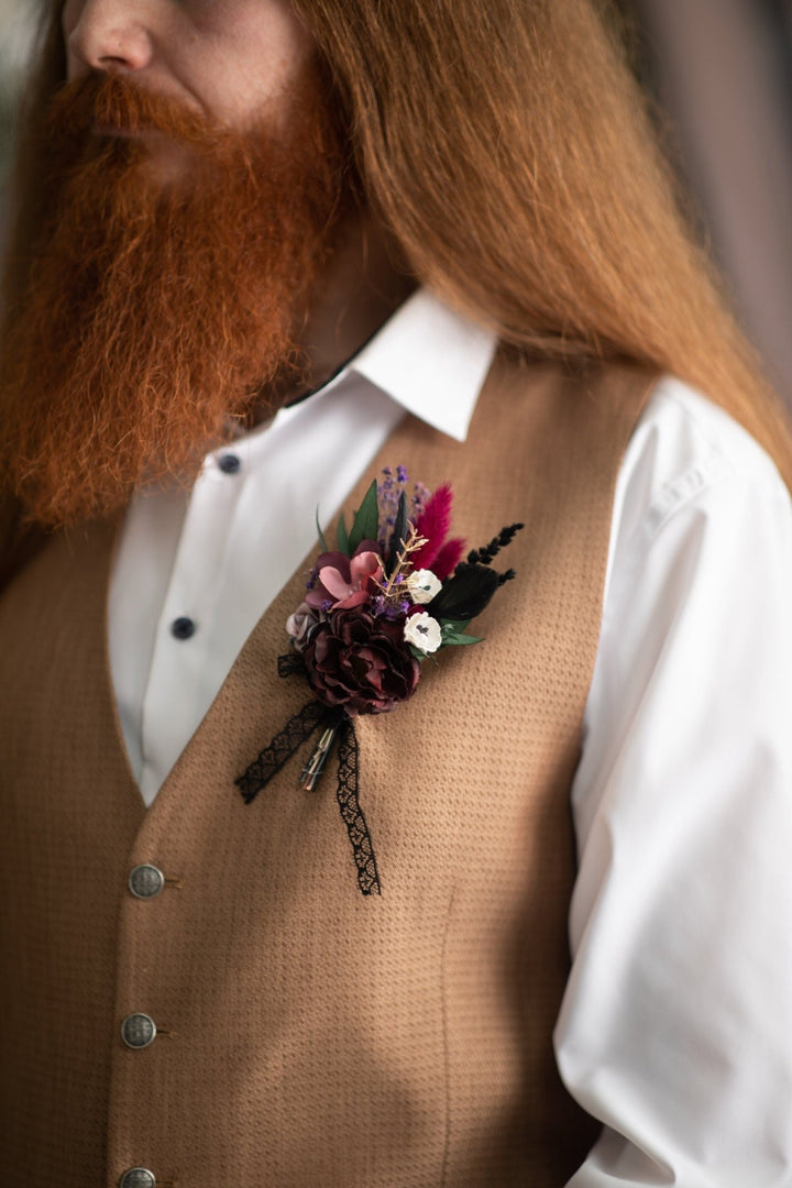 Burgundy Flower Boutonniere: Dark Gothic Wedding Groom Accessory – handmade floral hair accessory by magaela