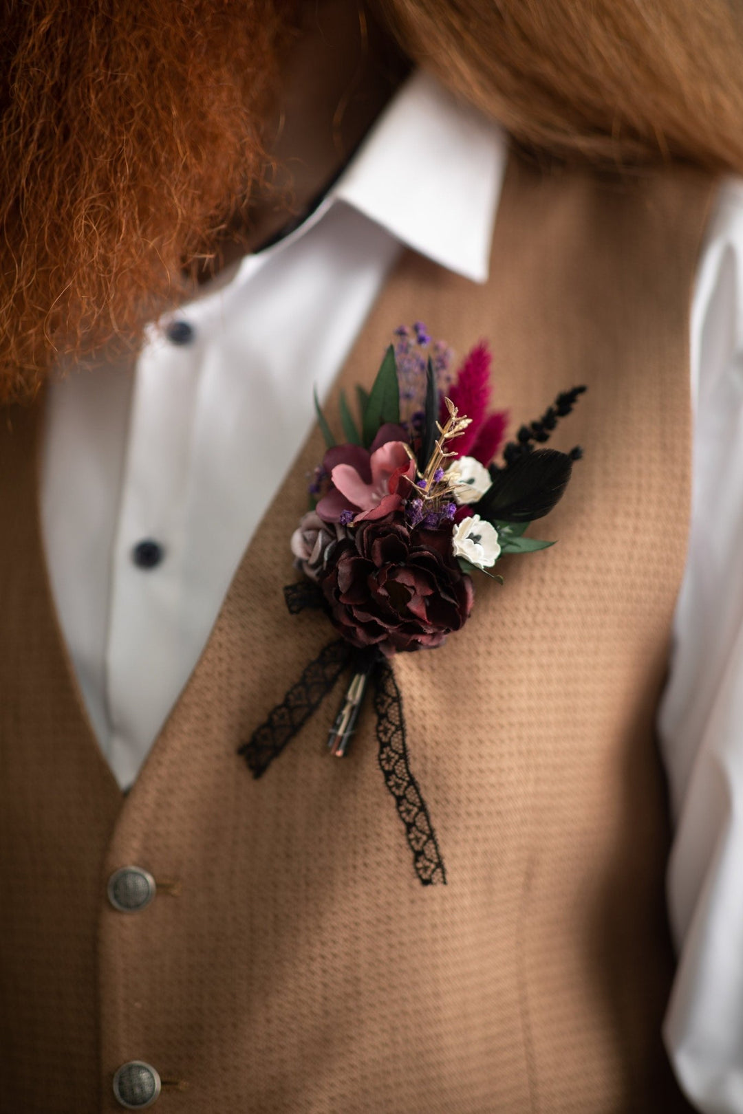 Burgundy Flower Boutonniere: Dark Gothic Wedding Groom Accessory – handmade floral hair accessory by magaela