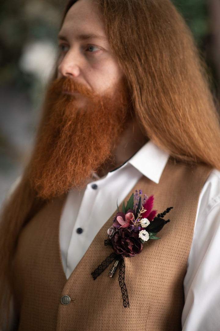 Burgundy Flower Boutonniere: Dark Gothic Wedding Groom Accessory – handmade floral hair accessory by magaela
