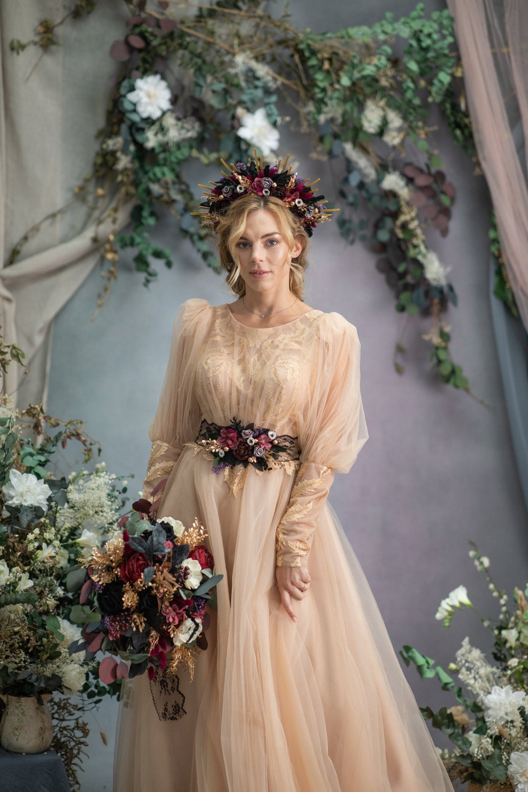 Burgundy Anemone Wedding Bouquet: Gothic Bride Bouquet with Eucalyptus & Roses – handmade floral hair accessory by magaela