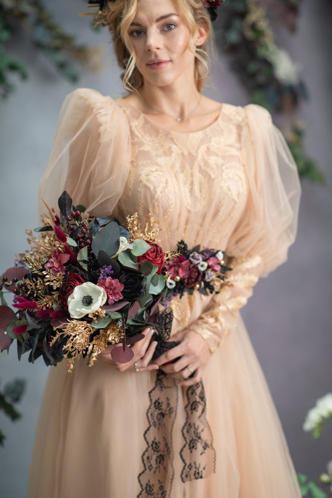 Burgundy Anemone Wedding Bouquet: Gothic Bride Bouquet with Eucalyptus & Roses – handmade floral hair accessory by magaela