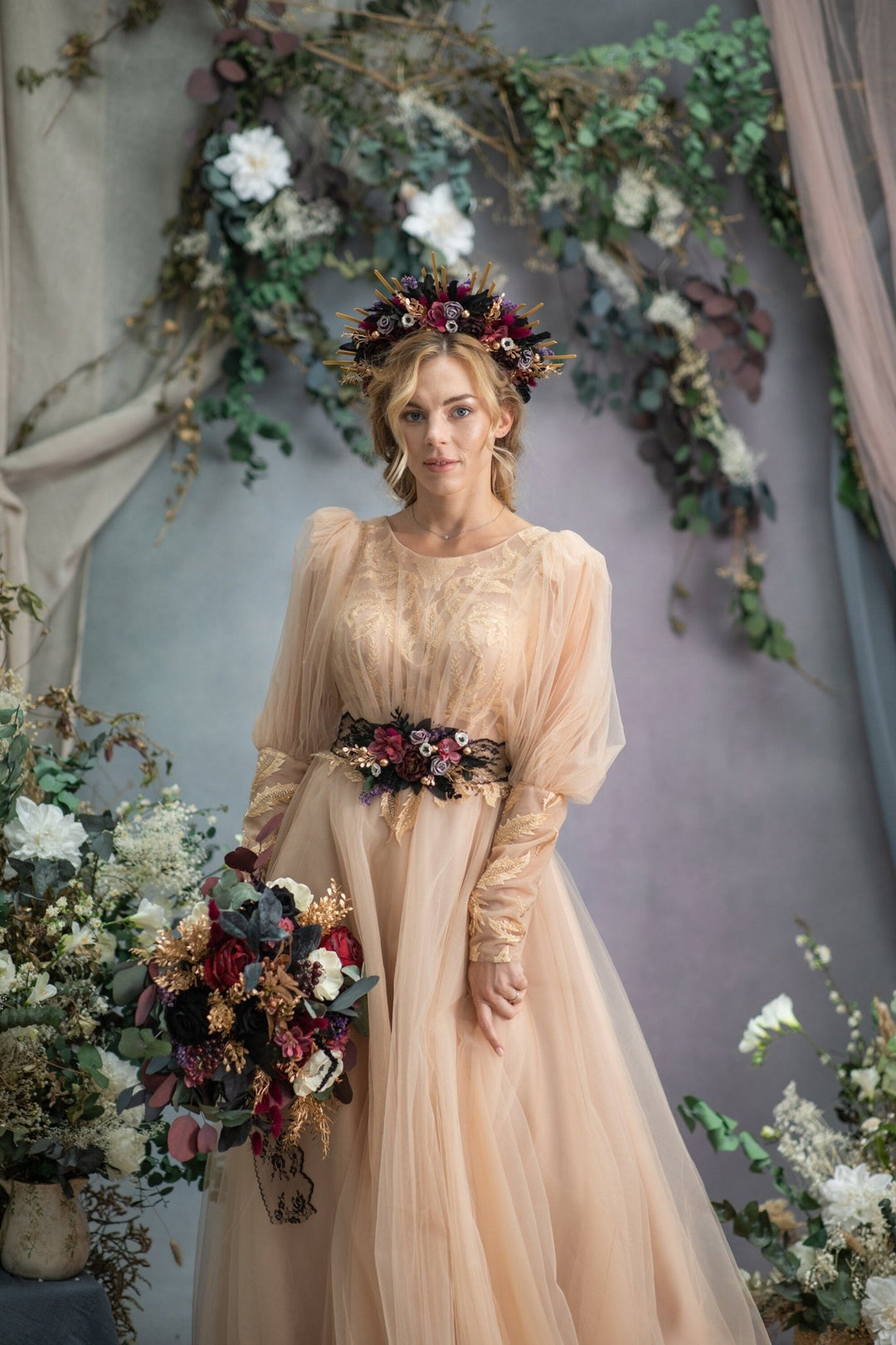 Burgundy Flower Wedding Belt: Black Lace Bridal Sash – handmade floral hair accessory by magaela