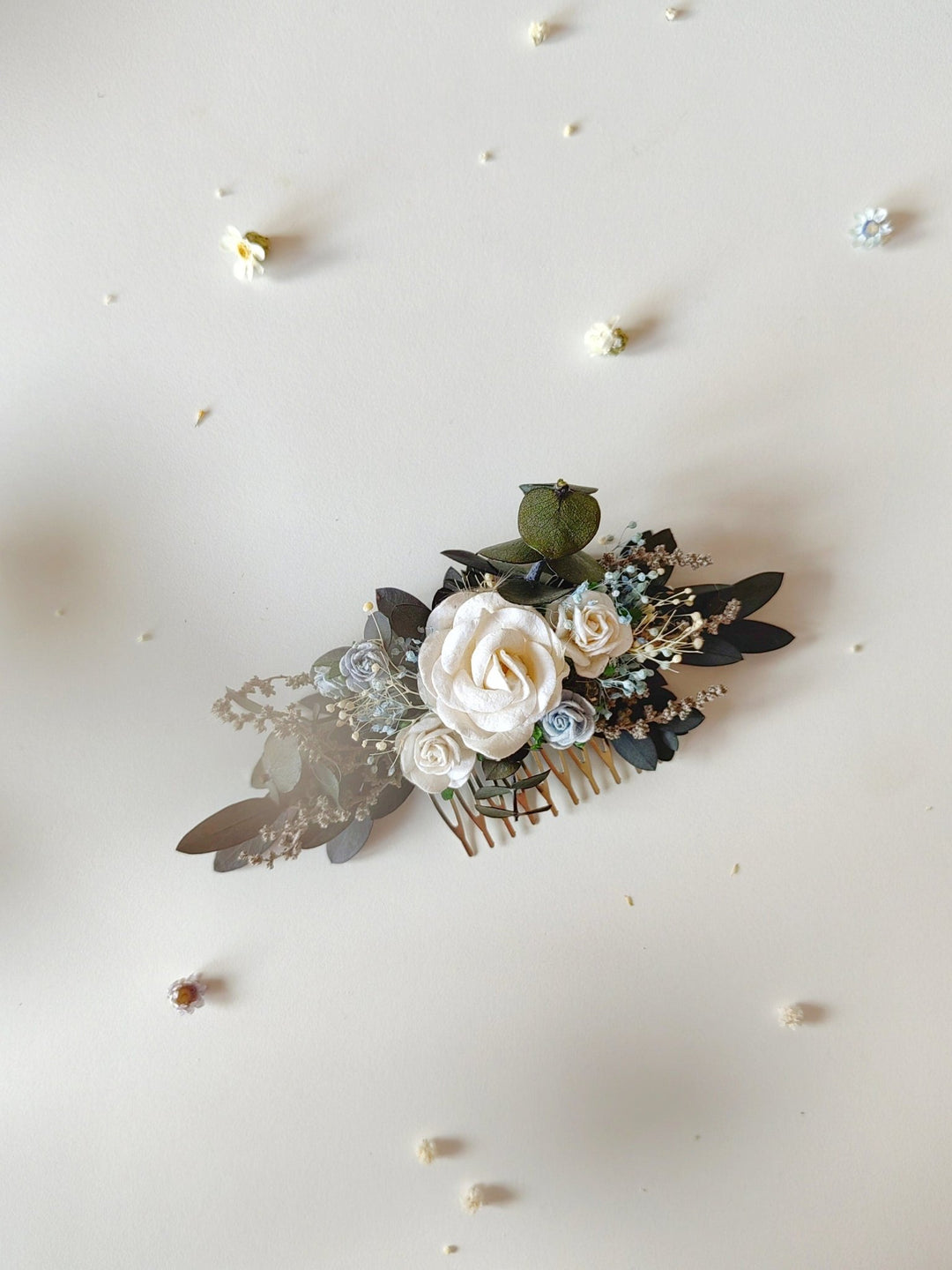Boho Bridal Hair Comb: White & Baby Blue Roses, Eucalyptus – handmade floral hair accessory by magaela