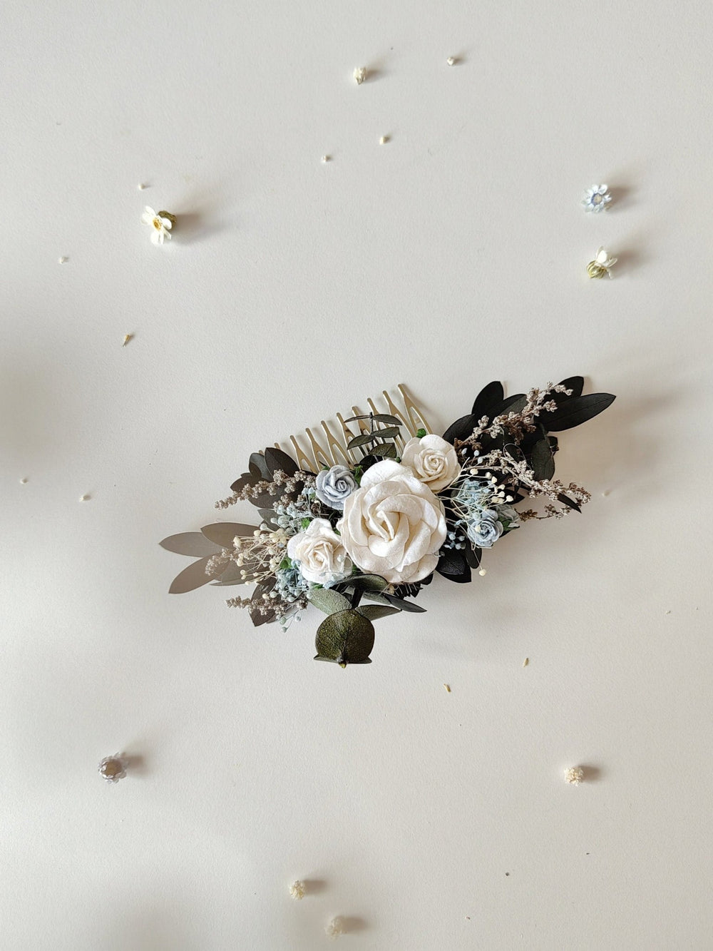 Boho Bridal Hair Comb: White & Baby Blue Roses, Eucalyptus – handmade floral hair accessory by magaela