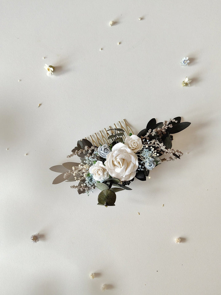Boho Bridal Hair Comb: White & Baby Blue Roses, Eucalyptus – handmade floral hair accessory by magaela