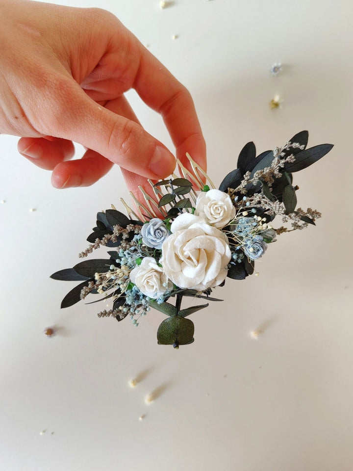 Boho Bridal Hair Comb: White & Baby Blue Roses, Eucalyptus – handmade floral hair accessory by magaela