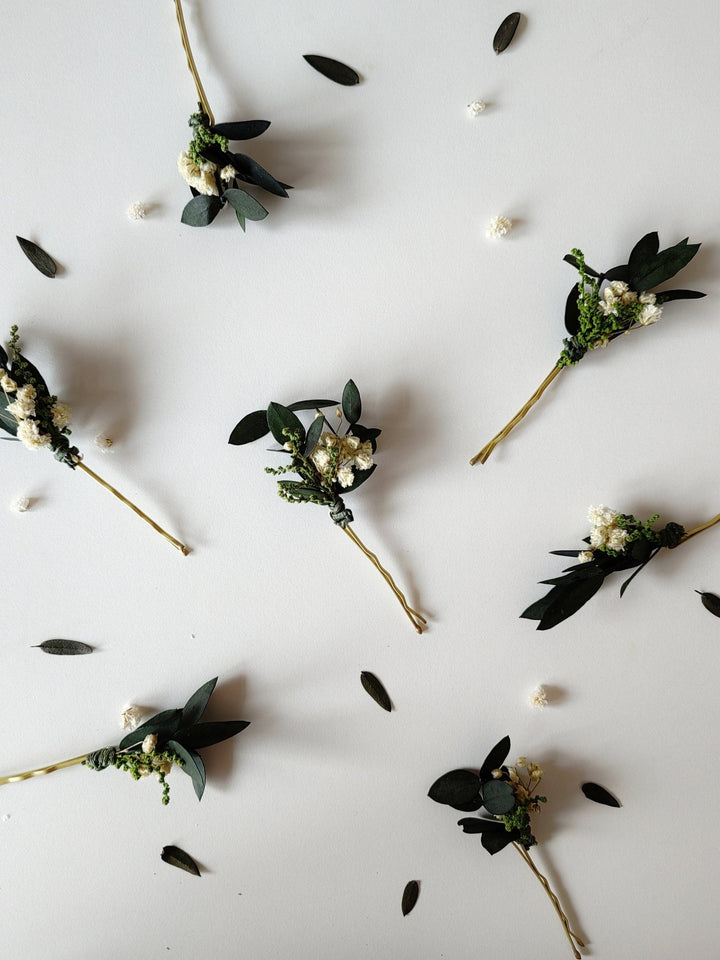 Eucalyptus Baby's Breath Hair Pins: Greenery Wedding Headpiece – handmade floral hair accessory by magaela