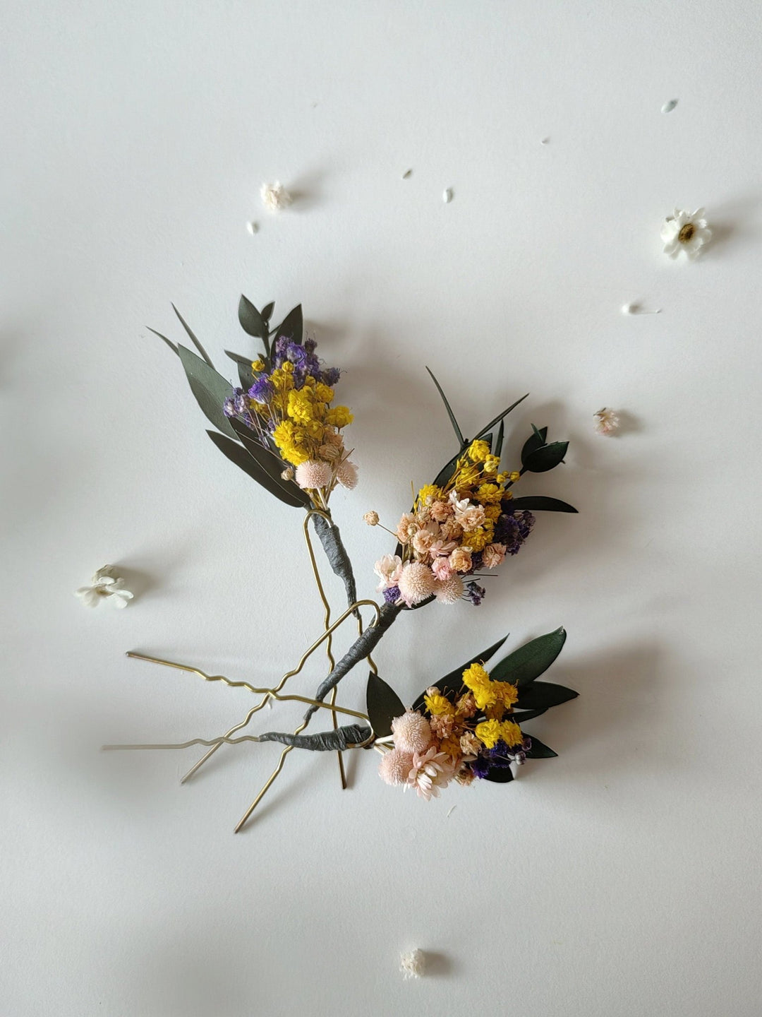 Preserved Flower Hairpins: Violet, Yellow, & Eucalyptus - Meadowy Design – handmade floral hair accessory by magaela