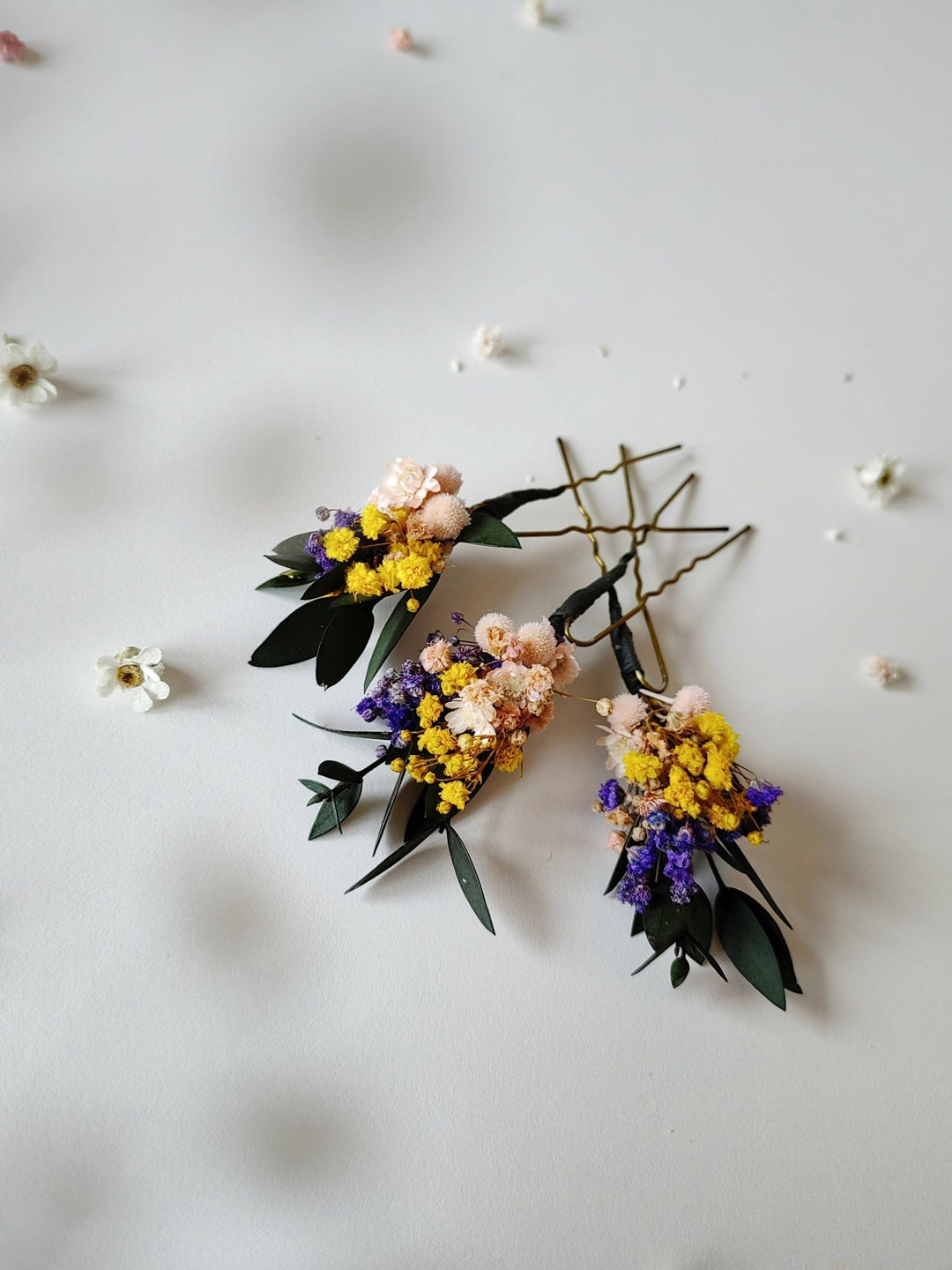 Preserved Flower Hairpins: Violet, Yellow, & Eucalyptus - Meadowy Design – handmade floral hair accessory by magaela