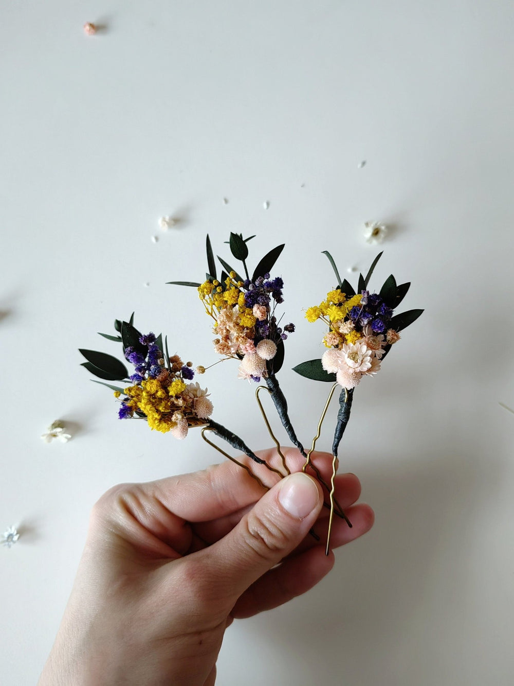 Preserved Flower Hairpins: Violet, Yellow, & Eucalyptus - Meadowy Design – handmade floral hair accessory by magaela