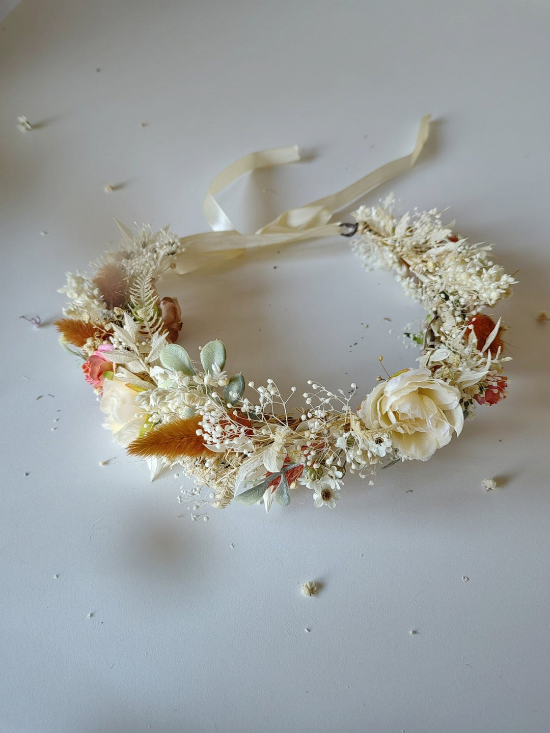 Boho Flower Half Wreath: Vintage Cottagecore Bridal Crown – handmade floral hair accessory by magaela