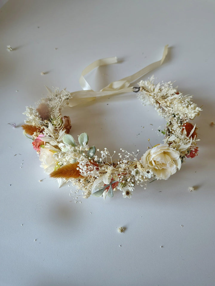Boho Flower Half Wreath: Vintage Cottagecore Bridal Crown – handmade floral hair accessory by magaela