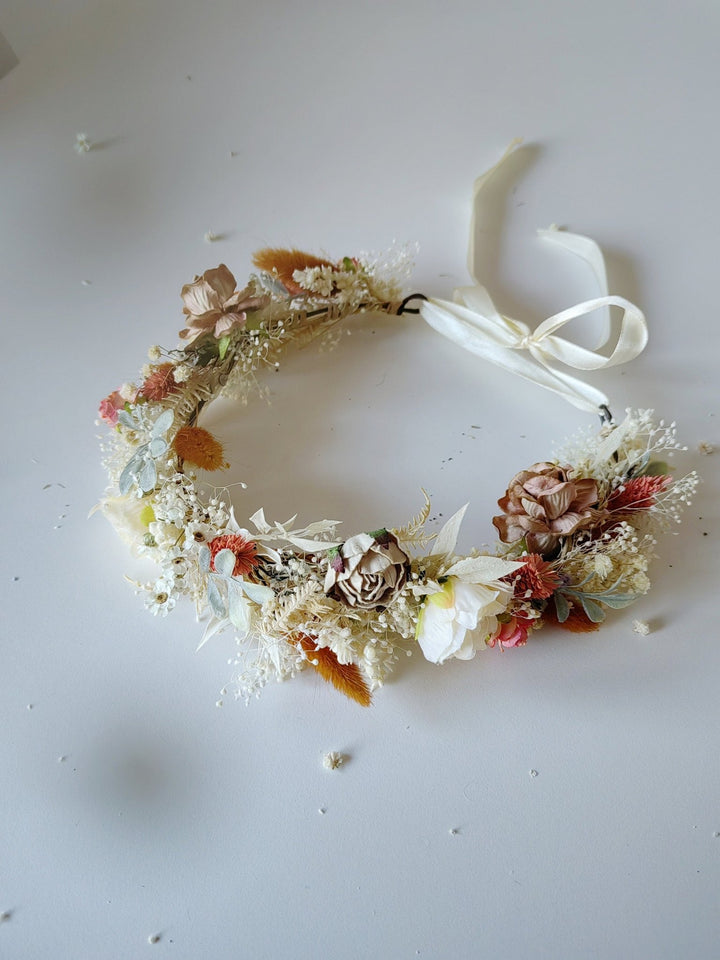 Boho Flower Half Wreath: Vintage Cottagecore Bridal Crown – handmade floral hair accessory by magaela