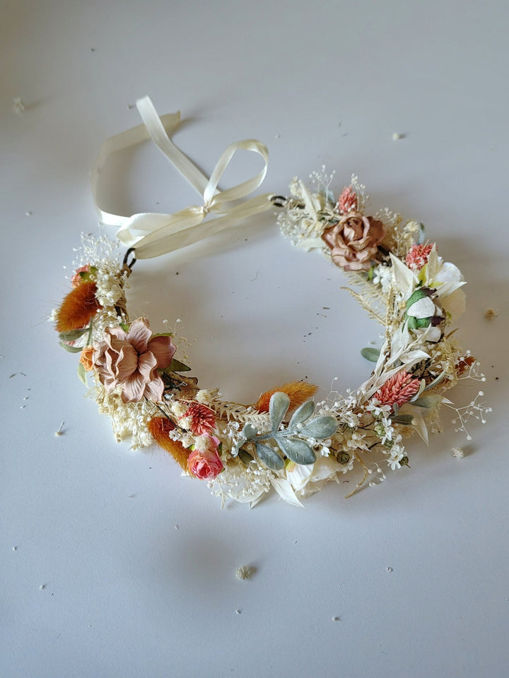 Boho Flower Half Wreath: Vintage Cottagecore Bridal Crown – handmade floral hair accessory by magaela