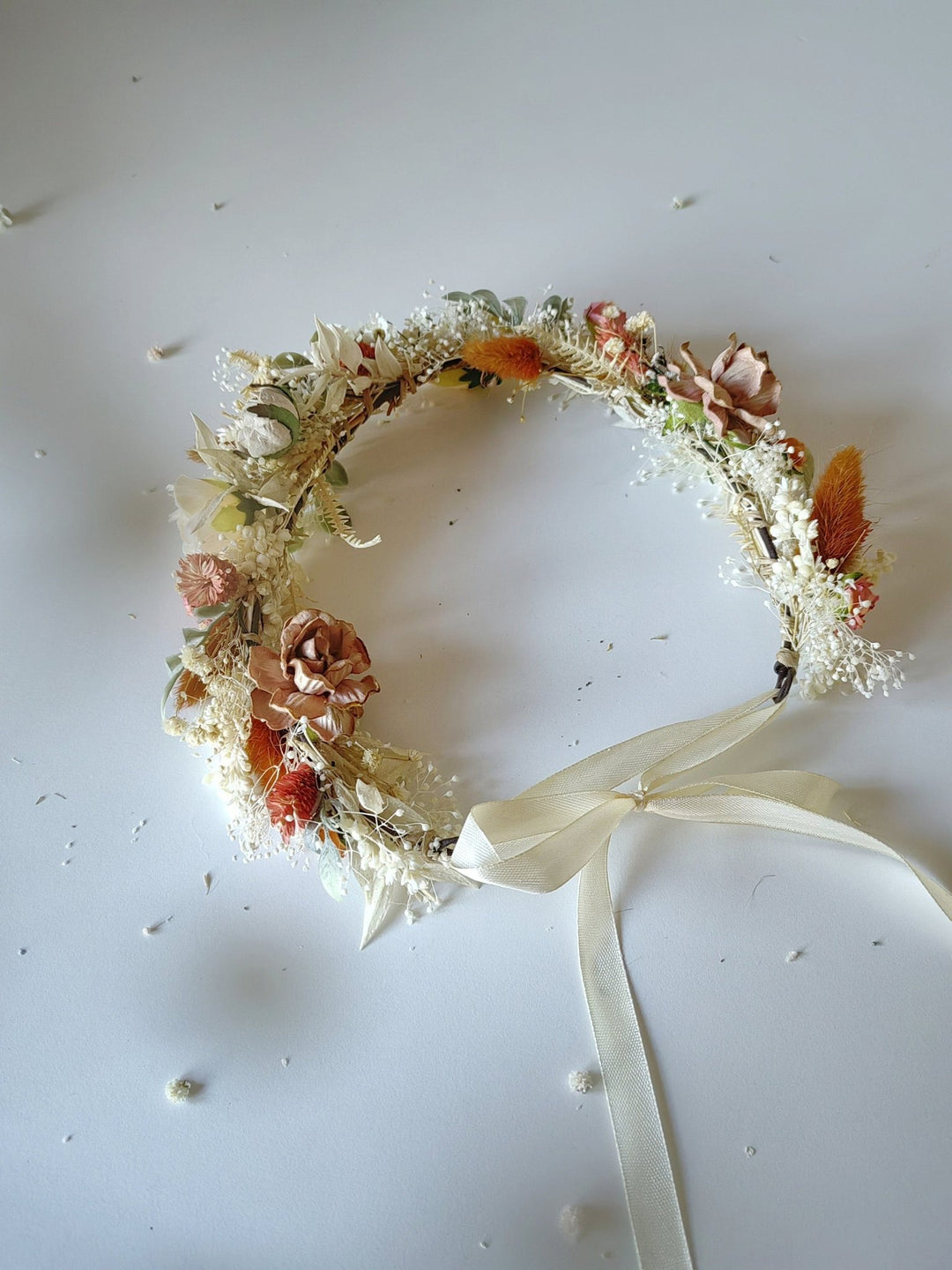 Boho Flower Half Wreath: Vintage Cottagecore Bridal Crown – handmade floral hair accessory by magaela