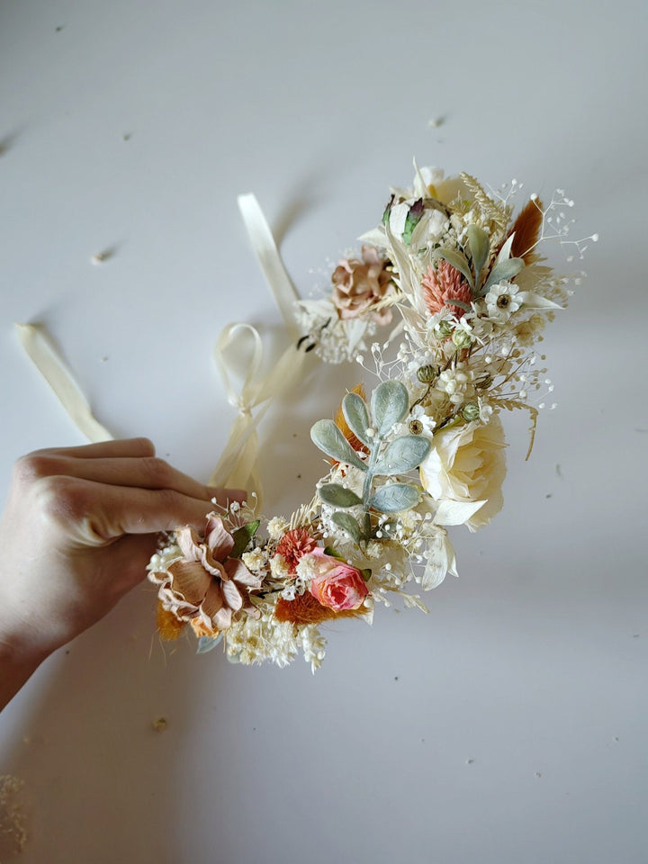 Boho Flower Half Wreath: Vintage Cottagecore Bridal Crown – handmade floral hair accessory by magaela