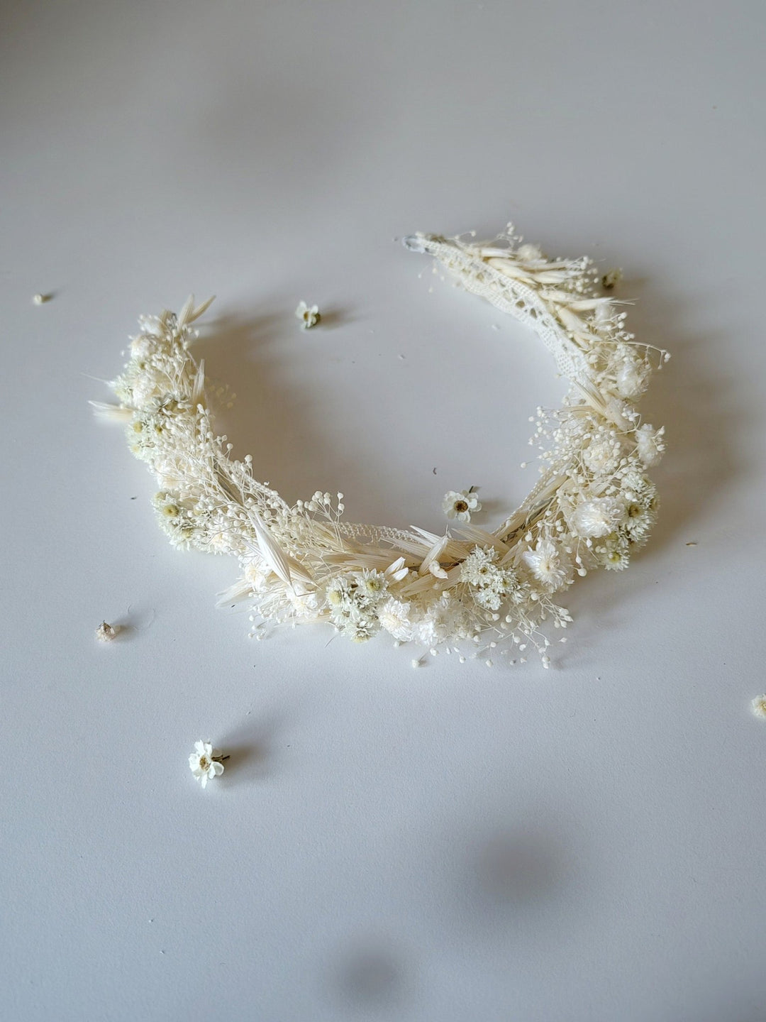 Baby's Breath Bridal Half Crown: Dried Flower Hair Wreath – handmade floral hair accessory by magaela