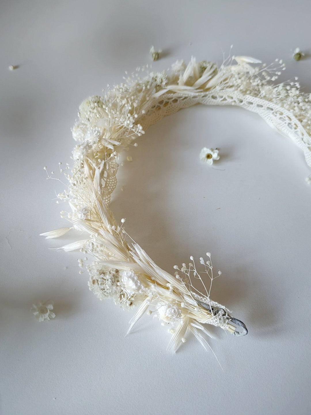 Baby's Breath Bridal Half Crown: Dried Flower Hair Wreath – handmade floral hair accessory by magaela