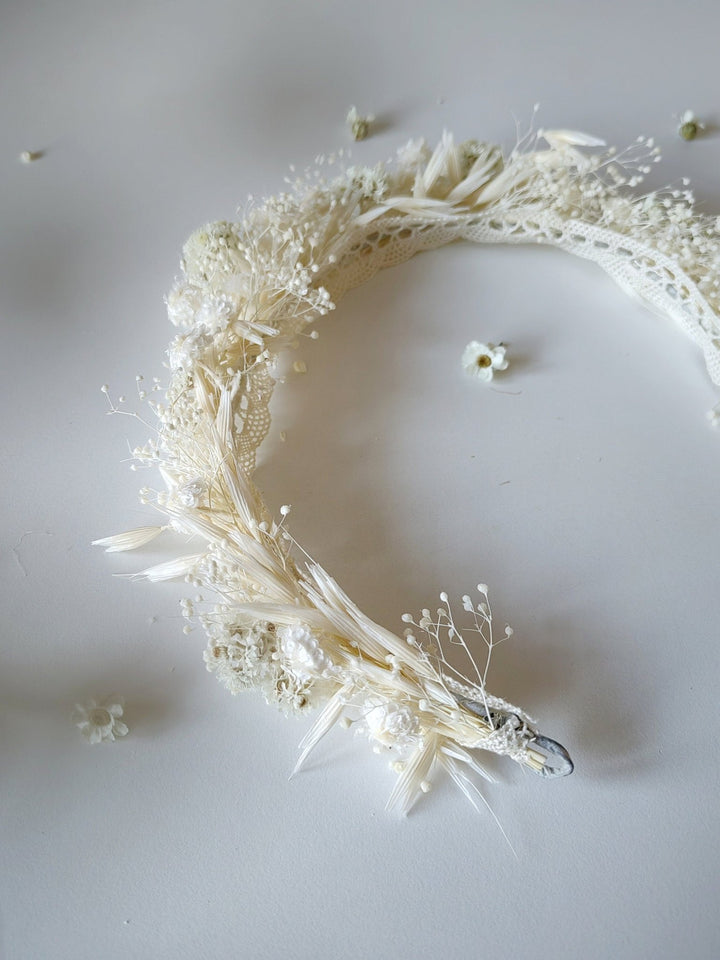 Baby's Breath Bridal Half Crown: Dried Flower Hair Wreath – handmade floral hair accessory by magaela