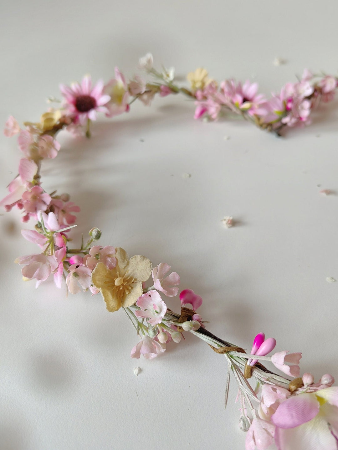 Pink Flower Hair Garland: Romantic Bridal Wreath, Cottagecore Style – handmade floral hair accessory by magaela