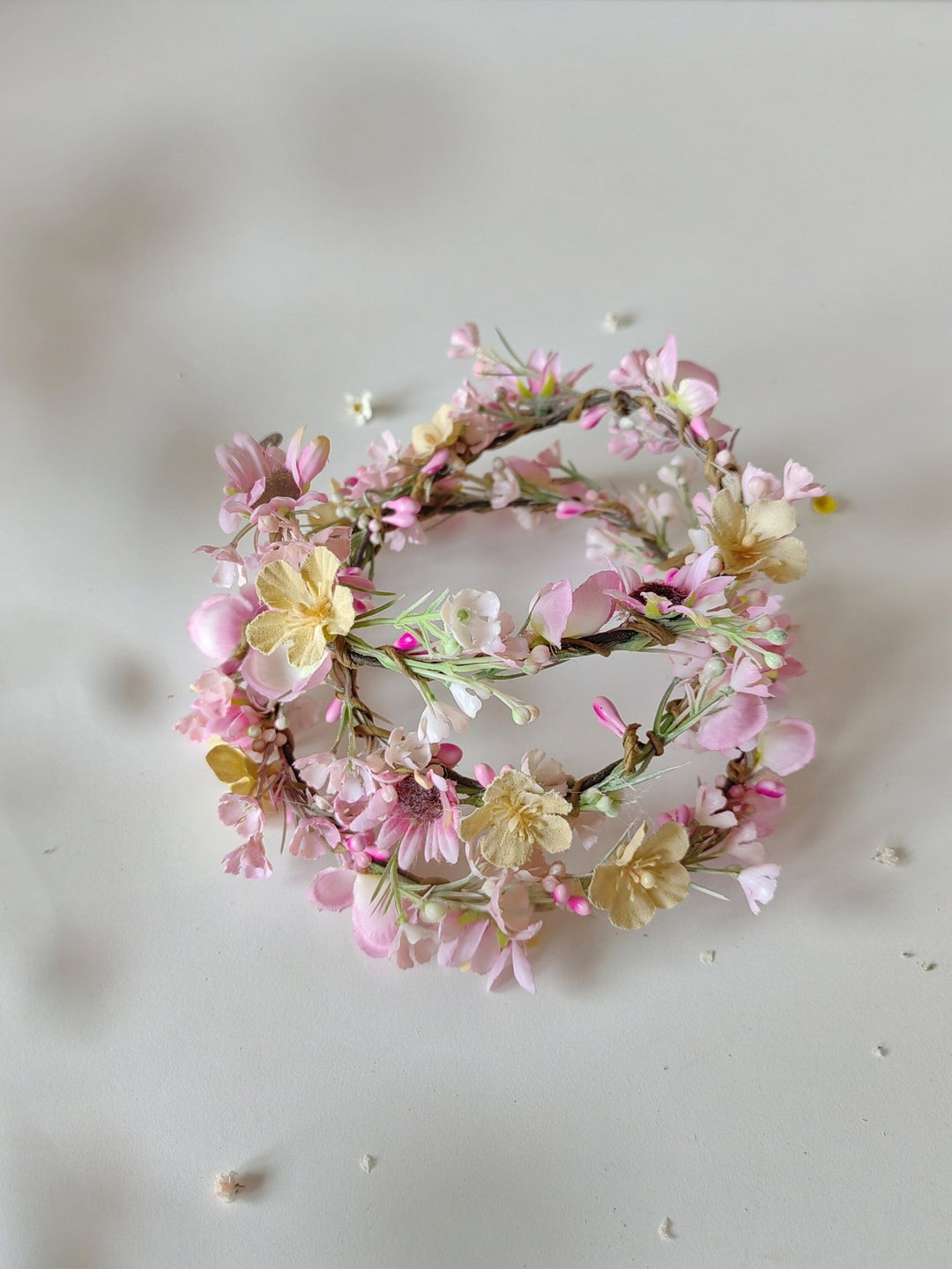 Pink Flower Hair Garland: Romantic Bridal Wreath, Cottagecore Style – handmade floral hair accessory by magaela