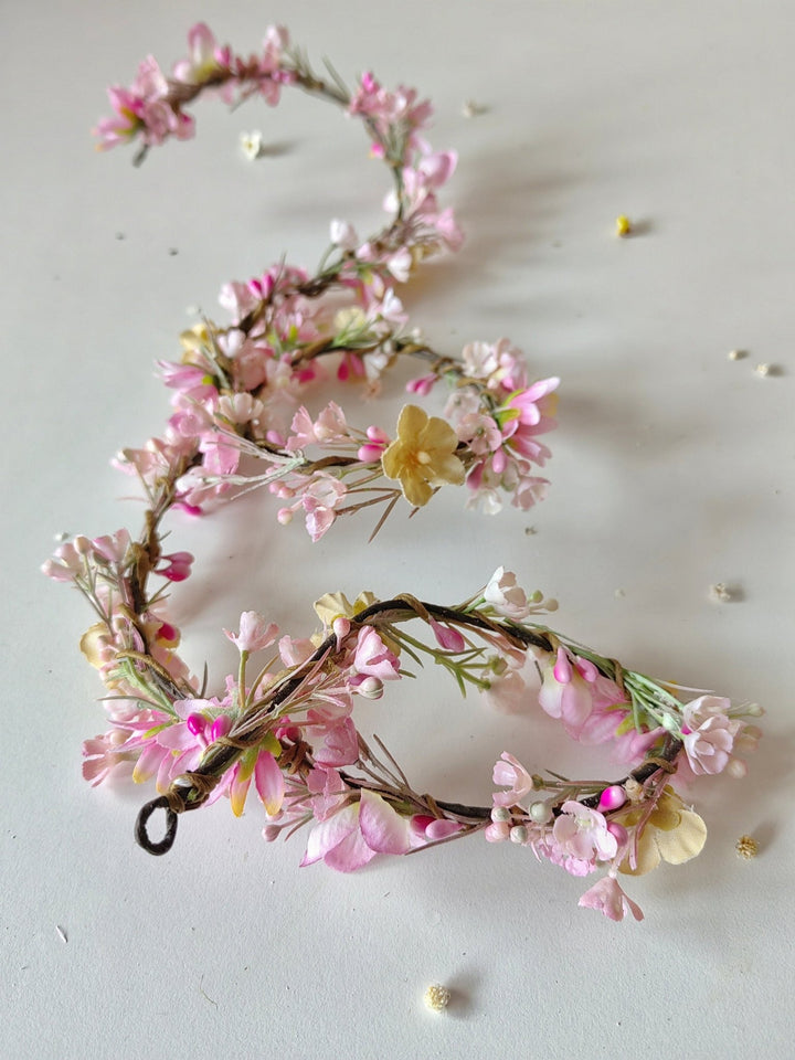 Pink Flower Hair Garland: Romantic Bridal Wreath, Cottagecore Style – handmade floral hair accessory by magaela