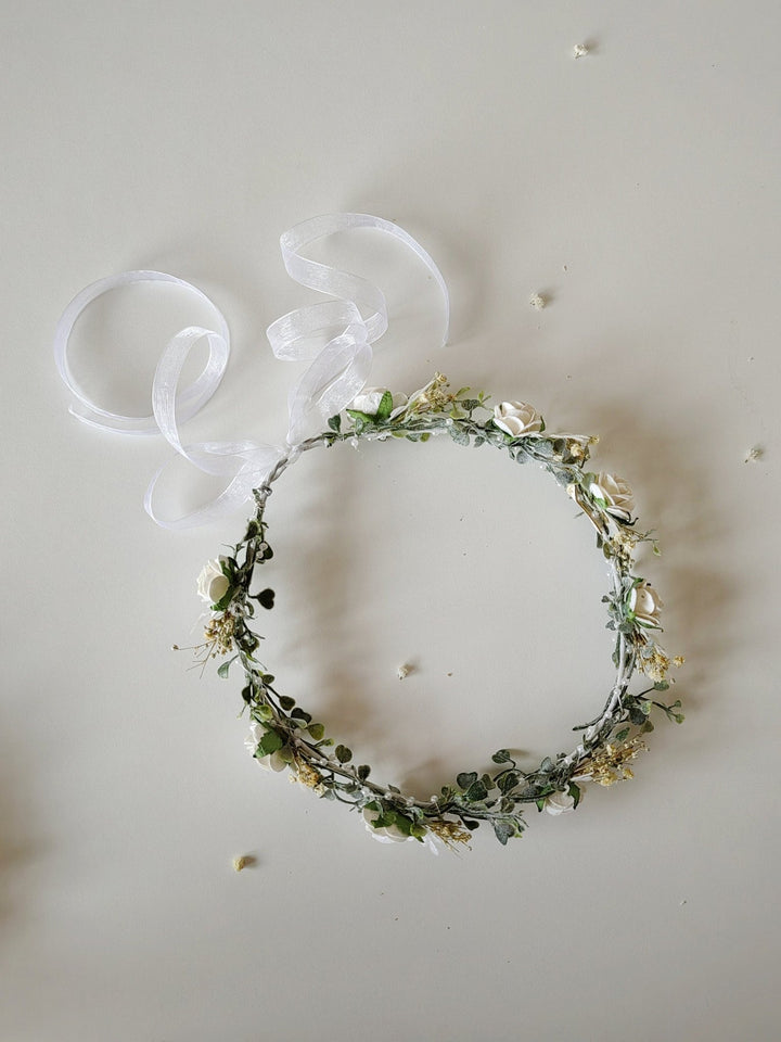 White Rose Communion Hair Wreath: Flower Girl Headband – handmade floral hair accessory by magaela