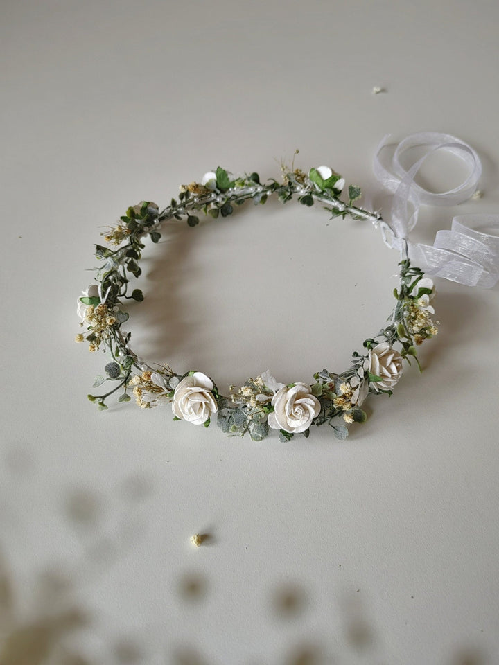 White Rose Communion Hair Wreath: Flower Girl Headband – handmade floral hair accessory by magaela