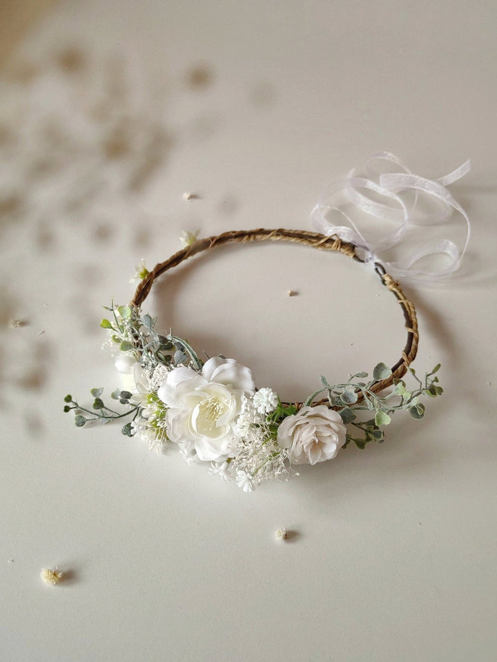 White Flower Bridal Hair Wreath: Romantic Wedding Headpiece – handmade floral hair accessory by magaela