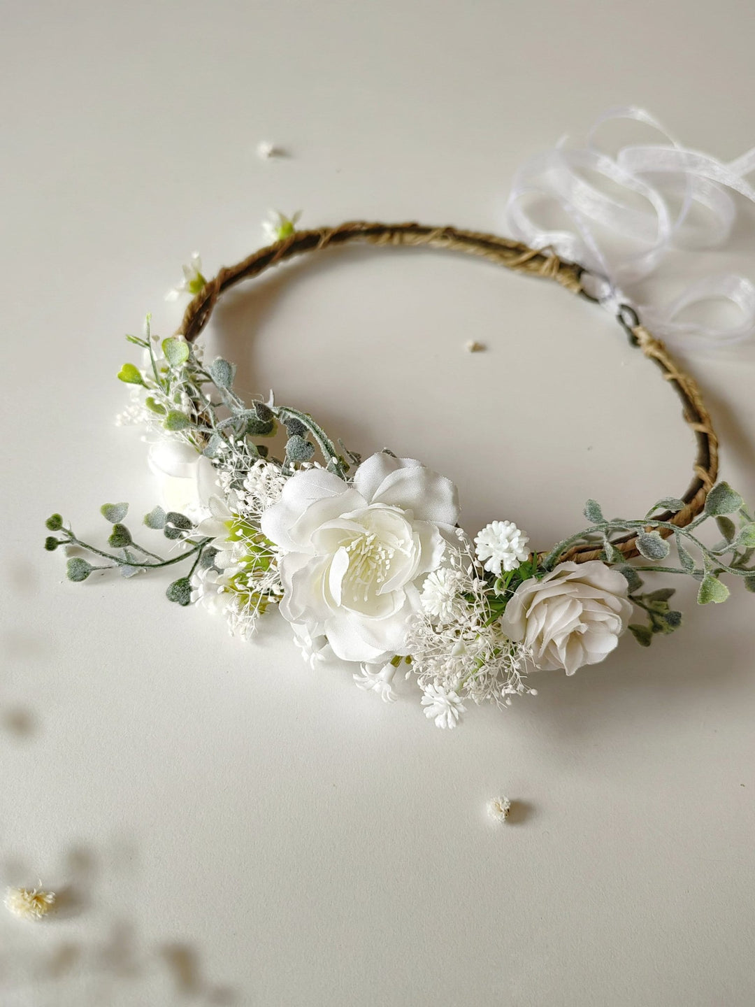 White Flower Bridal Hair Wreath: Romantic Wedding Headpiece – handmade floral hair accessory by magaela