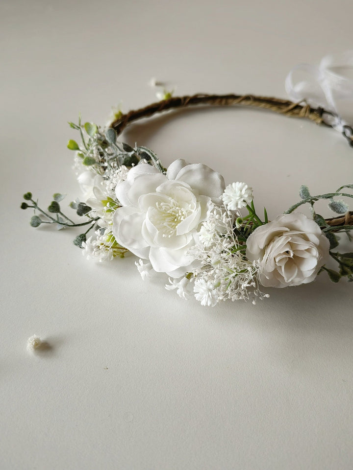 White Flower Bridal Hair Wreath: Romantic Wedding Headpiece – handmade floral hair accessory by magaela