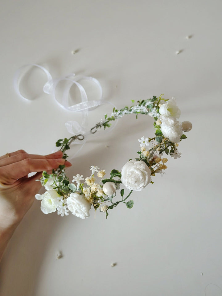 Ivory Rose Flower Crown: Bridal Hair Wreath with Pearls & Lace – handmade floral hair accessory by magaela