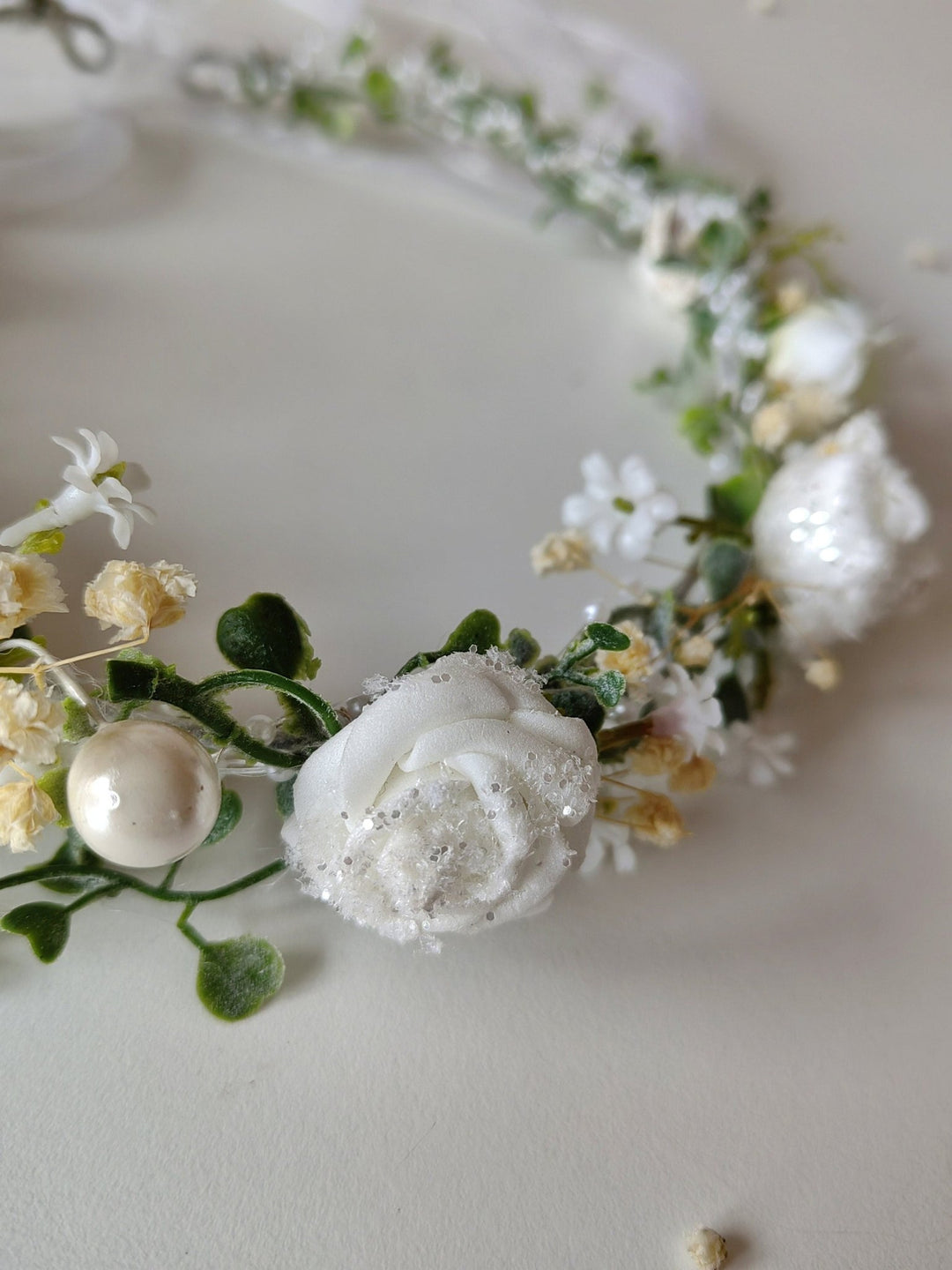 Ivory Rose Flower Crown: Bridal Hair Wreath with Pearls & Lace – handmade floral hair accessory by magaela