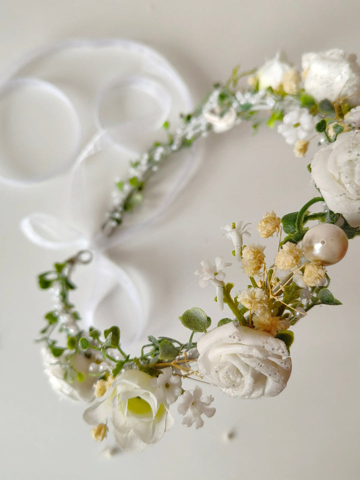 Ivory Rose Flower Crown: Bridal Hair Wreath with Pearls & Lace – handmade floral hair accessory by magaela