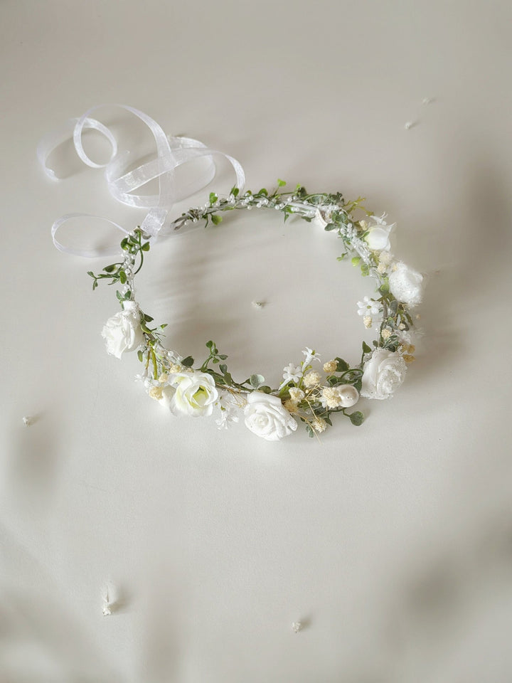 Ivory Rose Flower Crown: Bridal Hair Wreath with Pearls & Lace – handmade floral hair accessory by magaela