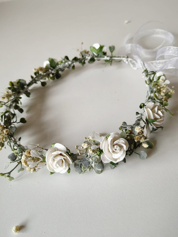 White Rose Wedding Crown: Bridal Headpiece with Pearls & Baby's Breath – handmade floral hair accessory by magaela