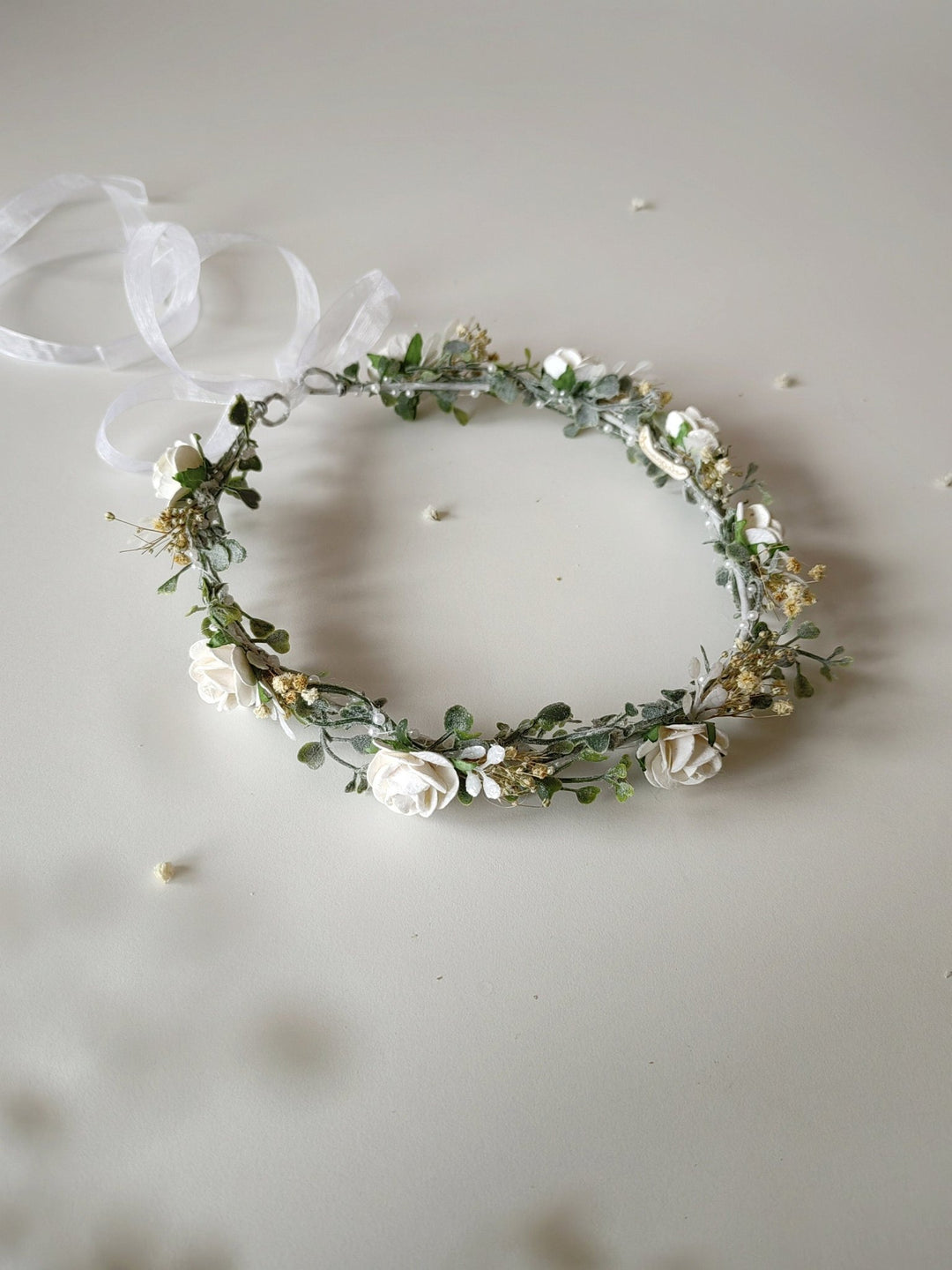 White Rose Wedding Crown: Bridal Headpiece with Pearls & Baby's Breath – handmade floral hair accessory by magaela
