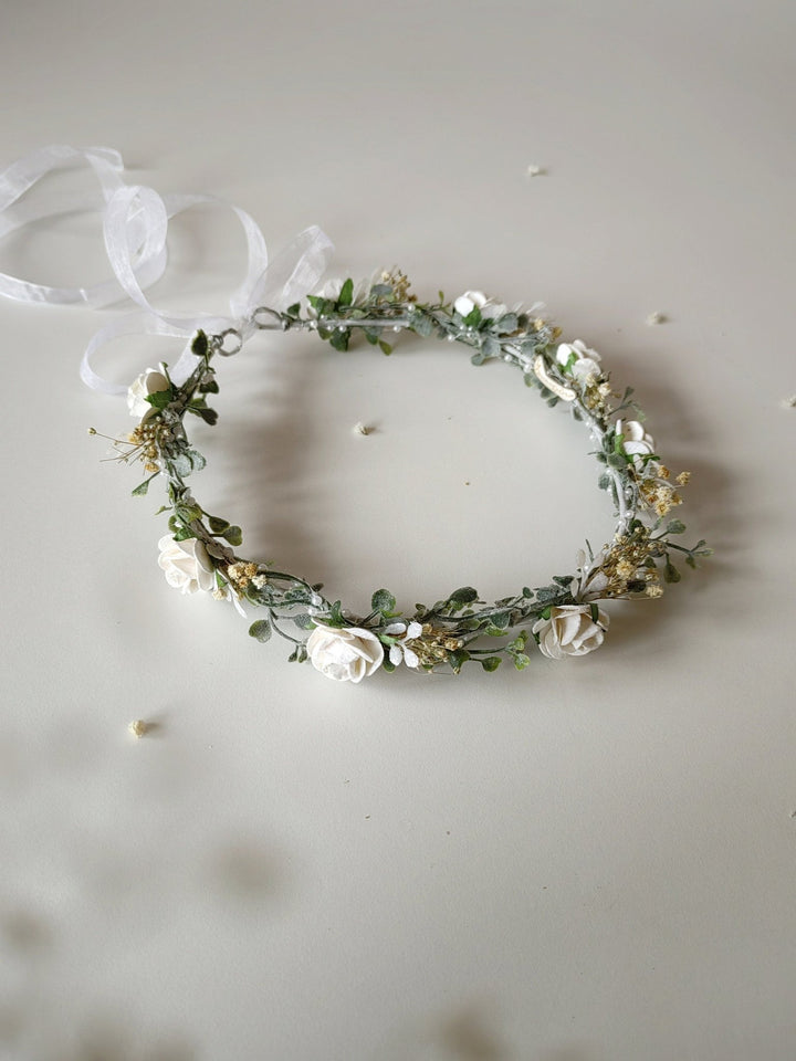 White Rose Wedding Crown: Bridal Headpiece with Pearls & Baby's Breath – handmade floral hair accessory by magaela