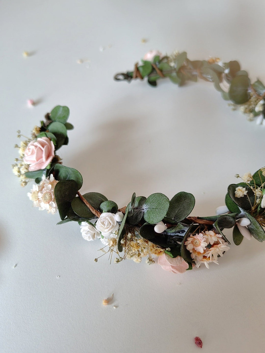 Eucalyptus Flower Crown: Blush Rose Bridal Headpiece – handmade floral hair accessory by magaela