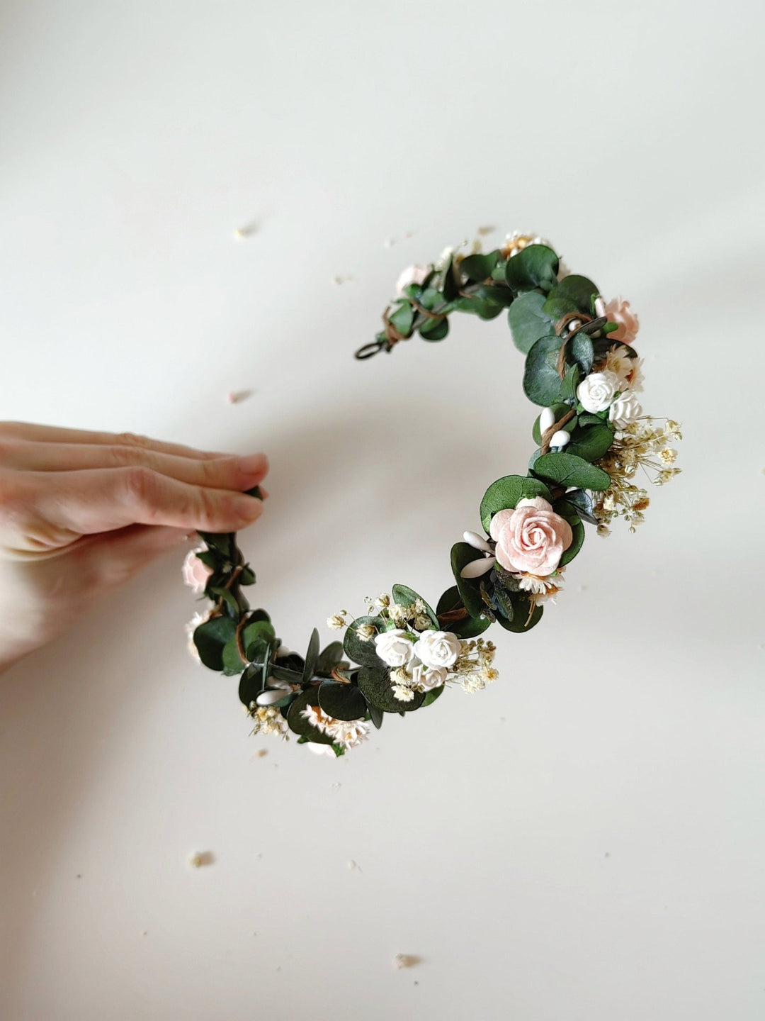 Eucalyptus Flower Crown: Blush Rose Bridal Headpiece – handmade floral hair accessory by magaela
