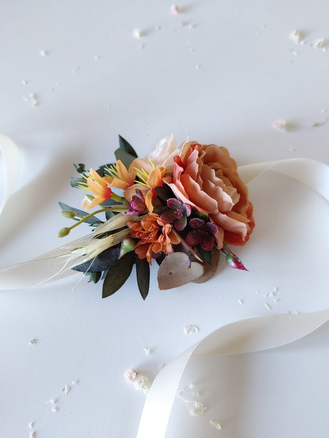 Orange Flower Wrist Corsage: Bridesmaid Wedding Bracelet – handmade floral hair accessory by magaela