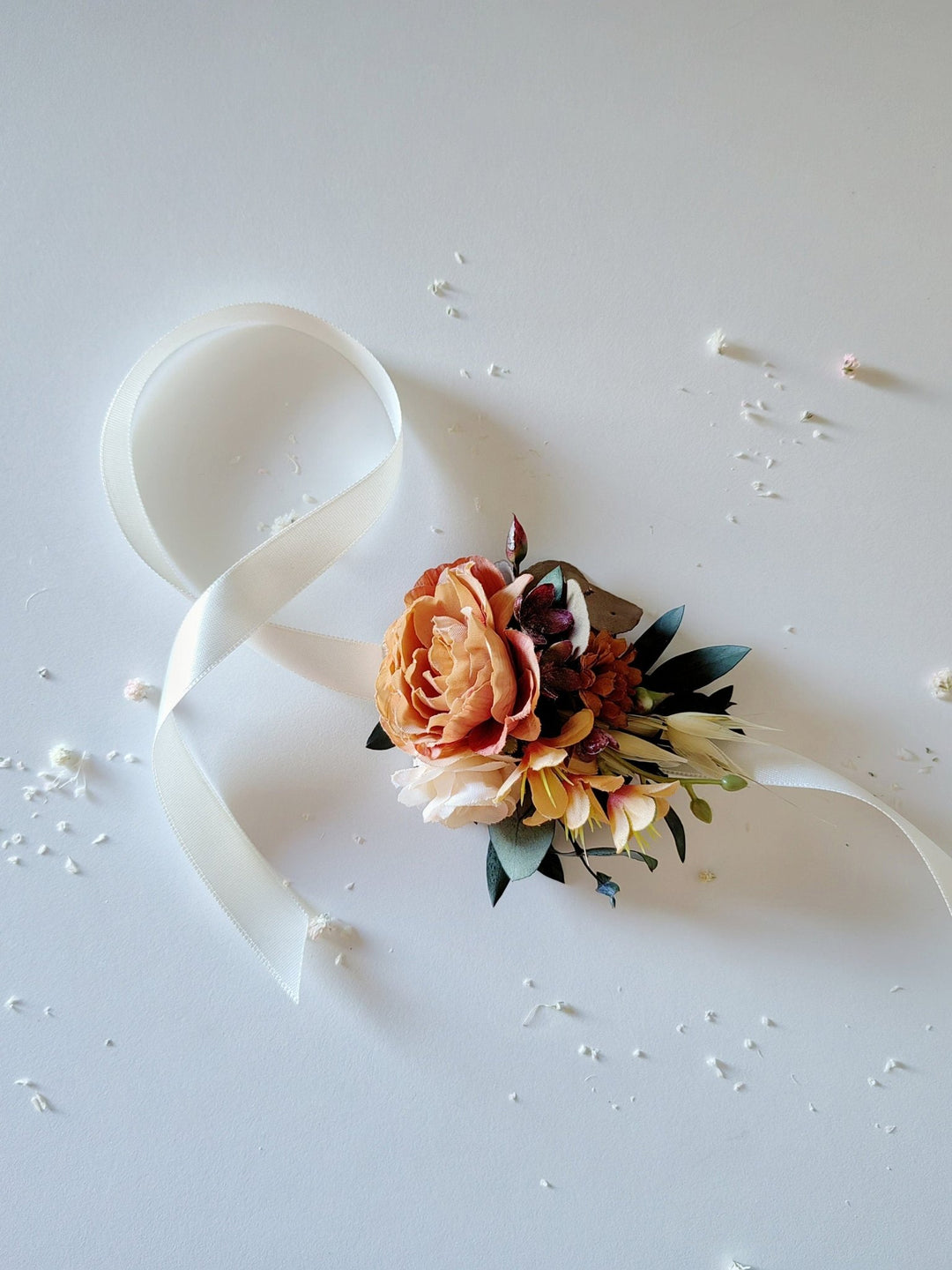 Orange Flower Wrist Corsage: Bridesmaid Wedding Bracelet – handmade floral hair accessory by magaela