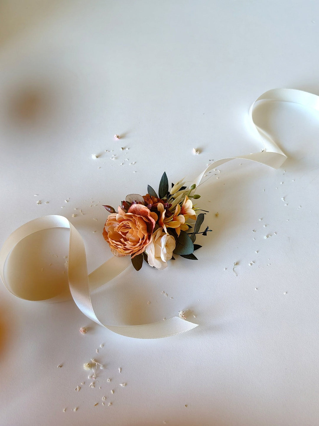 Orange Flower Wrist Corsage: Bridesmaid Wedding Bracelet – handmade floral hair accessory by magaela