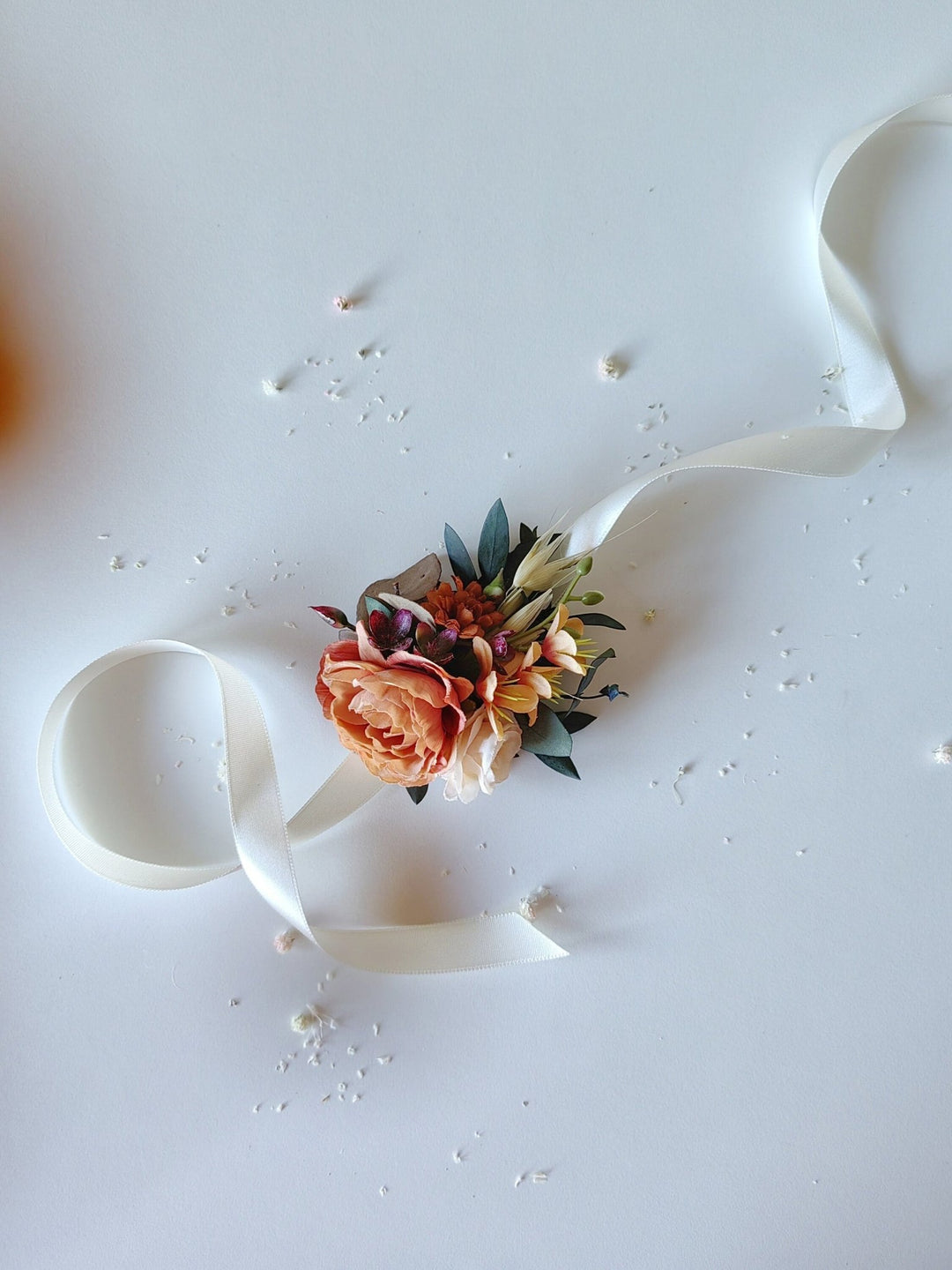 Orange Flower Wrist Corsage: Bridesmaid Wedding Bracelet – handmade floral hair accessory by magaela