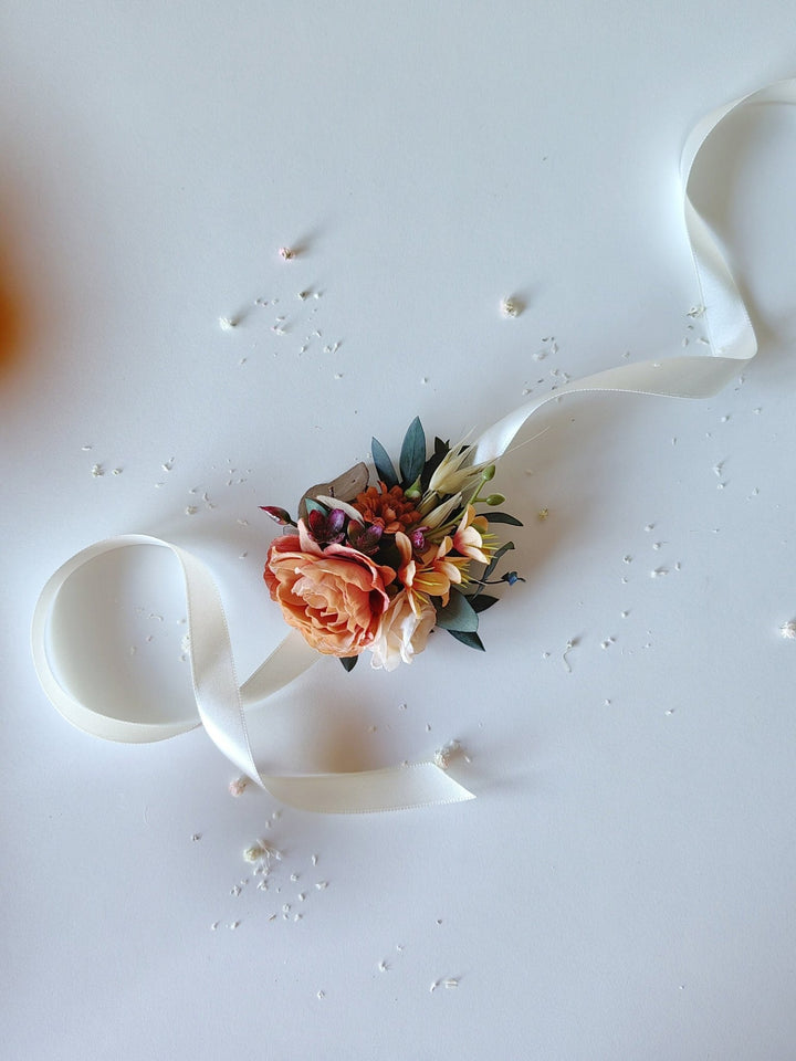 Orange Flower Wrist Corsage: Bridesmaid Wedding Bracelet – handmade floral hair accessory by magaela