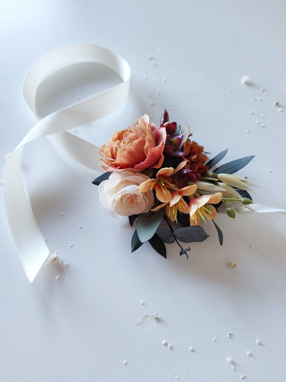 Orange Flower Wrist Corsage: Bridesmaid Wedding Bracelet – handmade floral hair accessory by magaela