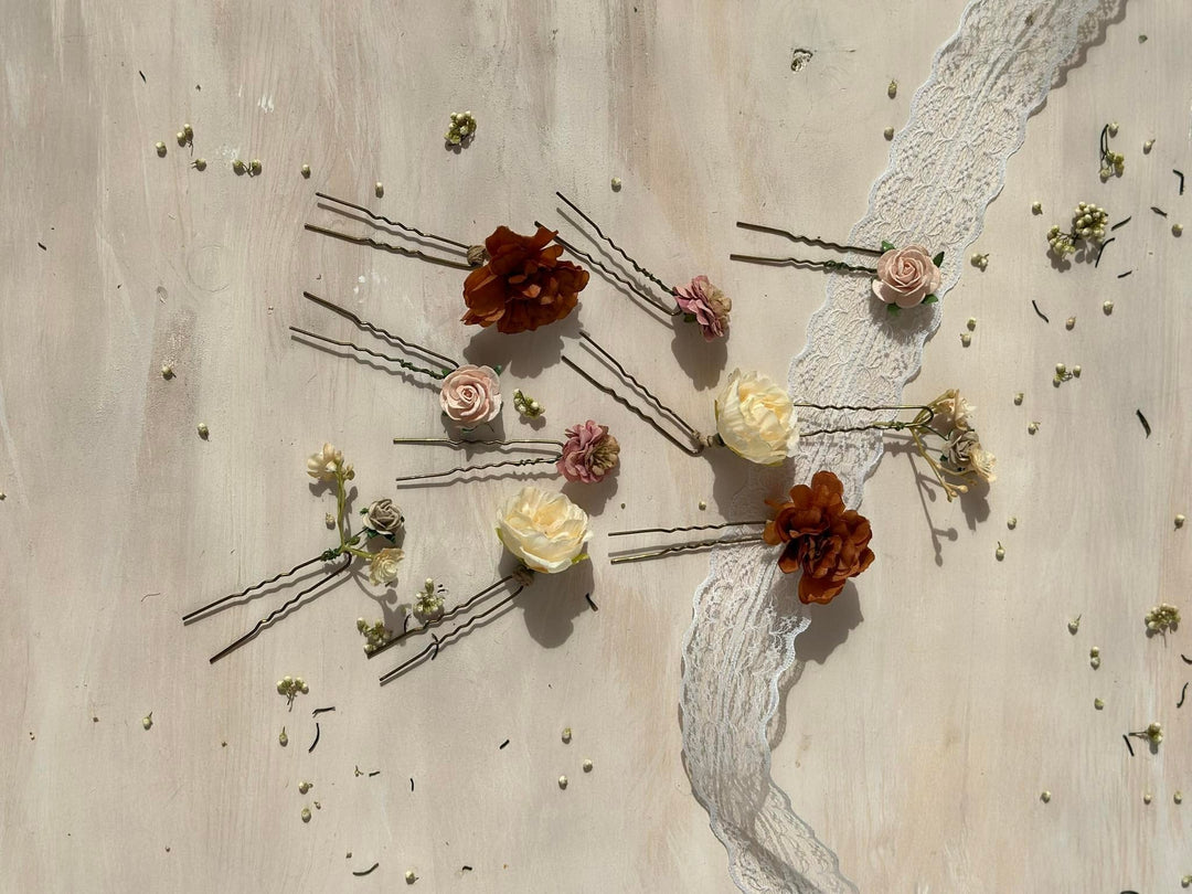 Bridal Flower Hair Pins: Ivory, Cream & Burnt Orange Roses - Set of 7 – handmade floral hair accessory by magaela