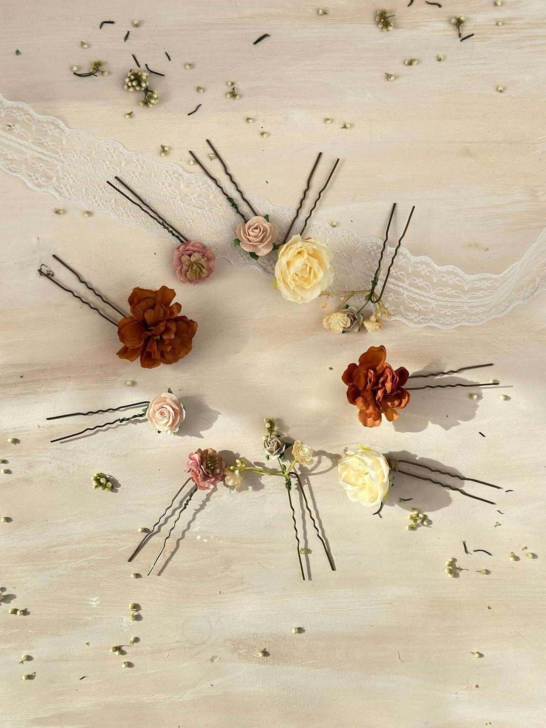Bridal Flower Hair Pins: Ivory, Cream & Burnt Orange Roses - Set of 7 – handmade floral hair accessory by magaela