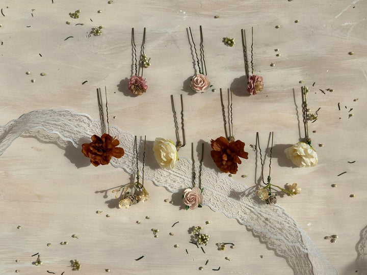 Bridal Flower Hair Pins: Ivory, Cream & Burnt Orange Roses - Set of 7 – handmade floral hair accessory by magaela